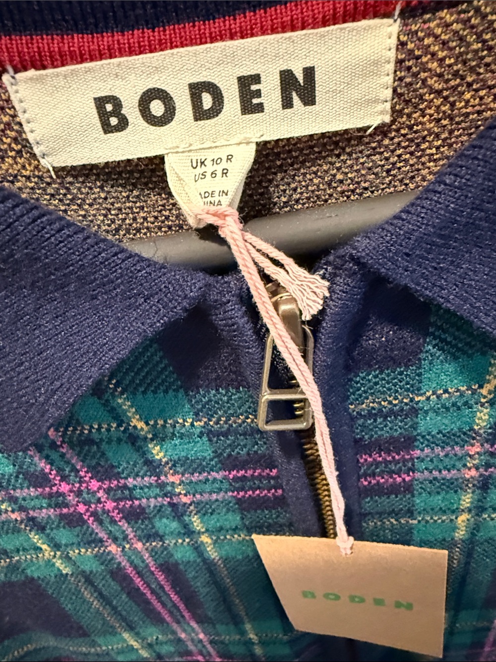 Boden Navy, Green and Pink Plaid Long-Sleeve Zip Dress - Picture 2 of 6